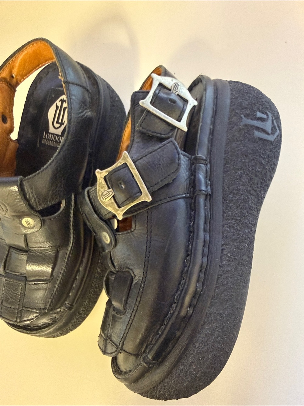 Y2K Underground Black Leather Platform Sandals Vintage with Silver Buckles